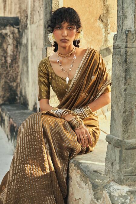 Taisha Green Silk V-neck Pure Katan Blouse Online at Aza Fashions Taisha_Green Silk V-neck Pure Katan Blouse _Online_at_Aza_Fashions