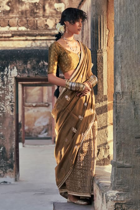 Shop Taisha Green Kota Doria, Silk, Satin Zari, Floral And Striped Woven Saree With Blouse Online at Aza Fashions Shop_Taisha_Green Kota Doria, Silk, Satin Zari, Floral And Striped Woven Saree With Blouse _Online_at_Aza_Fashions