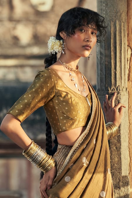 Taisha Green Kota Doria, Silk, Satin Zari, Floral And Striped Woven Saree With Blouse at Aza Fashions Taisha_Green Kota Doria, Silk, Satin Zari, Floral And Striped Woven Saree With Blouse _at_Aza_Fashions