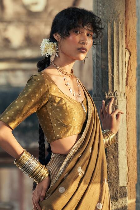 Buy Taisha Green Silk V-neck Pure Katan Blouse Online at Aza Fashions Buy_Taisha_Green Silk V-neck Pure Katan Blouse _Online_at_Aza_Fashions