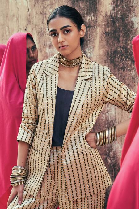 Taisha_Brown Kota Doria, Silk Satin, Chanderi Fekua Handwoven Blazer Pant Set _at_Aza_Fashions