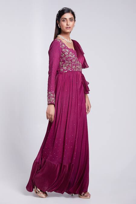 Suruchi Parakh_Wine Crepe Embroidery, Sequins Asymmetric Draped Jacket Ruffle Saree Set_Online_at_Aza_Fashions