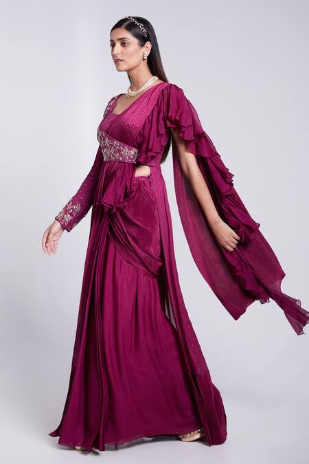 Buy_Suruchi Parakh_Wine Crepe Embroidery, Sequins Asymmetric Draped Jacket Ruffle Saree Set_Online_at_Aza_Fashions