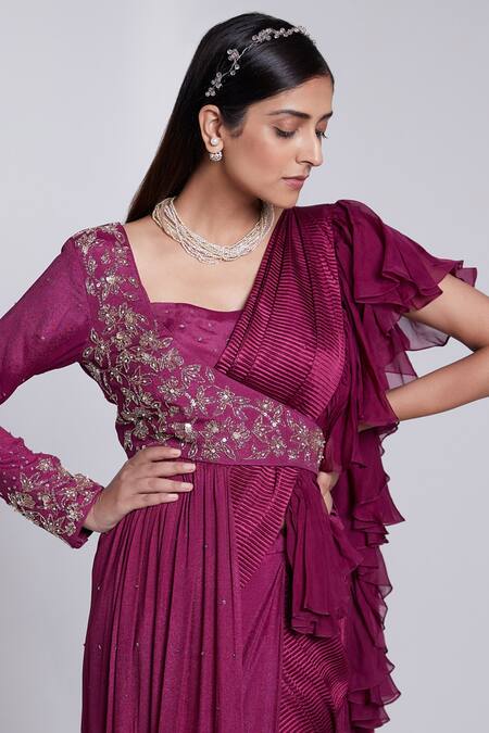 Shop_Suruchi Parakh_Wine Crepe Embroidery, Sequins Asymmetric Draped Jacket Ruffle Saree Set_Online_at_Aza_Fashions