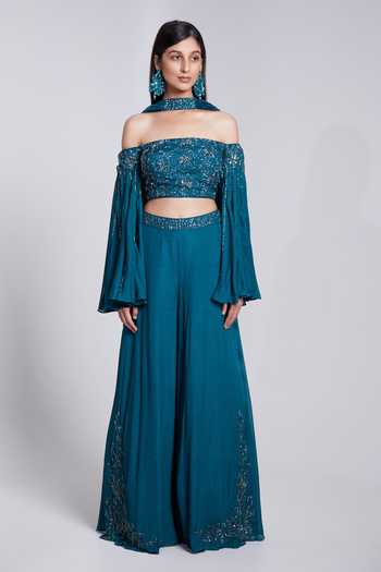 Suruchi Parakh_Green Crepe Cut Work, Sequins Off-shoulder Cutdana Embroidered Sharara Set _Online_at_Aza_Fashions