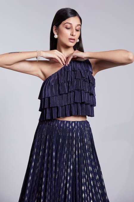 Suruchi Parakh_Blue Crepe, Satin Embroidery One Shoulder Cop Top And Lehenga Set _Online_at_Aza_Fashions