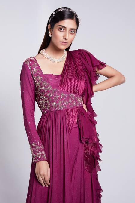 Suruchi Parakh_Wine Crepe Embroidery, Sequins Asymmetric Draped Jacket Ruffle Saree Set_at_Aza_Fashions