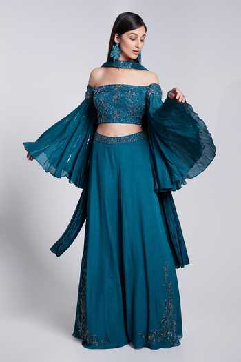 Buy_Suruchi Parakh_Green Crepe Cut Work, Sequins Off-shoulder Cutdana Embroidered Sharara Set _Online_at_Aza_Fashions