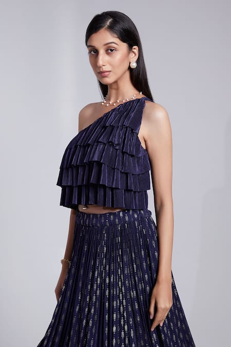 Buy_Suruchi Parakh_Blue Crepe, Satin Embroidery One Shoulder Cop Top And Lehenga Set _Online_at_Aza_Fashions
