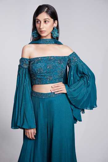 Shop_Suruchi Parakh_Green Crepe Cut Work, Sequins Off-shoulder Cutdana Embroidered Sharara Set _Online_at_Aza_Fashions