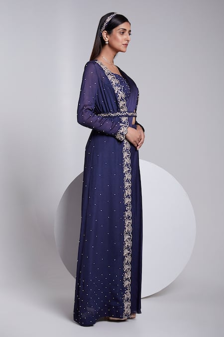 Suruchi Parakh_Blue Crepe, Satin, Silk Sequins, Beads, Embroidery Jacket And Pre-draped Saree Set _Online_at_Aza_Fashions