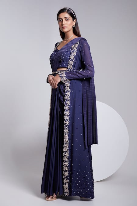 Buy_Suruchi Parakh_Blue Crepe, Satin, Silk Sequins, Beads, Embroidery Jacket And Pre-draped Saree Set _Online_at_Aza_Fashions