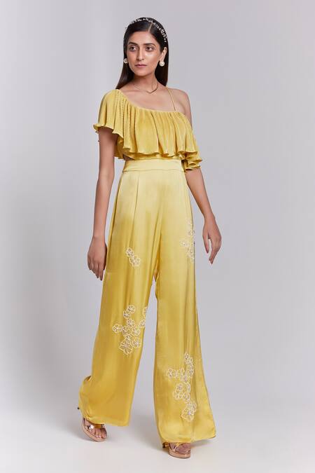 Suruchi Parakh_Yellow Crepe Embroidery, Sequins One Shoulder Ruffled Jumpsuit _Online_at_Aza_Fashions