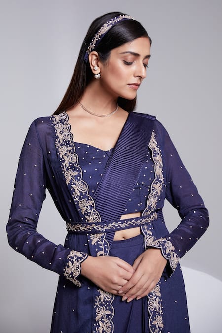 Shop_Suruchi Parakh_Blue Crepe, Satin, Silk Sequins, Beads, Embroidery Jacket And Pre-draped Saree Set _Online_at_Aza_Fashions