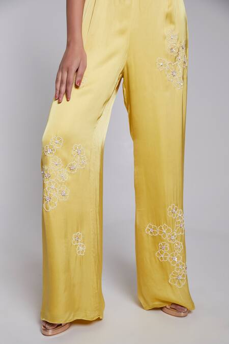 Buy_Suruchi Parakh_Yellow Crepe Embroidery, Sequins One Shoulder Ruffled Jumpsuit _Online_at_Aza_Fashions