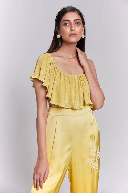 Shop_Suruchi Parakh_Yellow Crepe Embroidery, Sequins One Shoulder Ruffled Jumpsuit _Online_at_Aza_Fashions