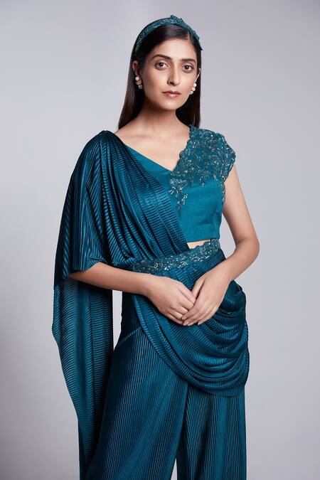 Buy_Suruchi Parakh_Green Crepe, Satin Sequins, Cut Work Pleated Draped Pant And Embroidered Top _Online_at_Aza_Fashions