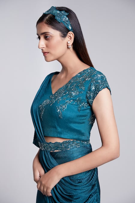 Shop_Suruchi Parakh_Green Crepe, Satin Sequins, Cut Work Pleated Draped Pant And Embroidered Top _Online_at_Aza_Fashions