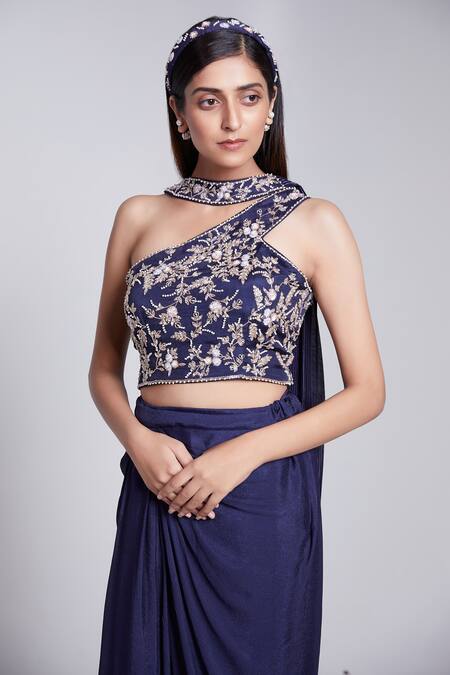 Buy Suruchi Parakh Blue Crepe, Satin, Silk Embroidery One Shoulder Crop Top And Draped Skirt Set Online at Aza Fashions Buy_Suruchi Parakh_Blue Crepe, Satin, Silk Embroidery One Shoulder Crop Top And Draped Skirt Set _Online_at_Aza_Fashions