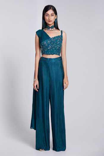 Suruchi Parakh_Green Crepe, Silk Sequins, Cut Work Asymmetric Top And Pleated Pant _Online_at_Aza_Fashions