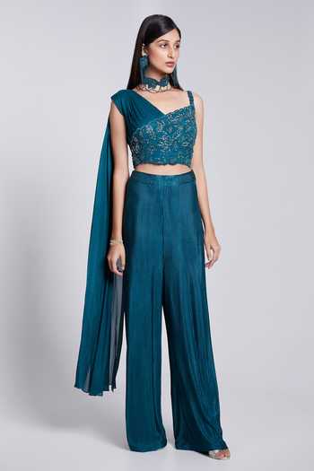 Buy_Suruchi Parakh_Green Crepe, Silk Sequins, Cut Work Asymmetric Top And Pleated Pant _Online_at_Aza_Fashions