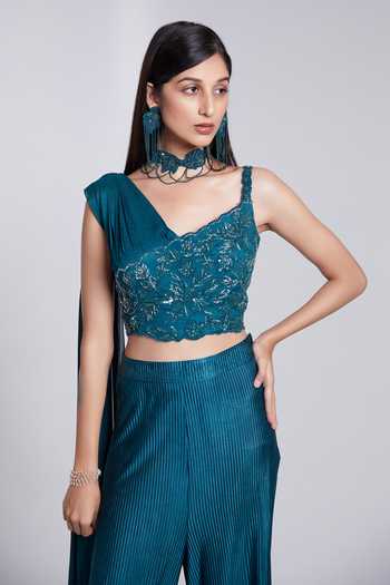Shop_Suruchi Parakh_Green Crepe, Silk Sequins, Cut Work Asymmetric Top And Pleated Pant _Online_at_Aza_Fashions