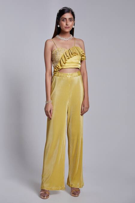 Suruchi Parakh_Yellow Silk, Crepe Embroidery, Sequins, Cut Asymmetric Pattern Crop Top And Pant  _Online_at_Aza_Fashions