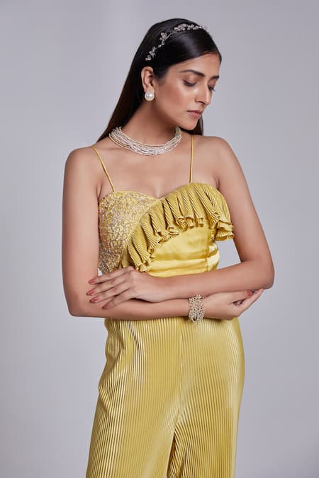 Buy_Suruchi Parakh_Yellow Silk, Crepe Embroidery, Sequins, Cut Asymmetric Pattern Crop Top And Pant  _Online_at_Aza_Fashions