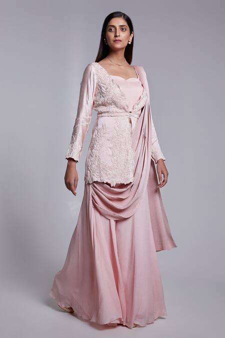 Suruchi Parakh Pink Crepe, Satin, Silk Embroidery Sweetheart Peplum Jacket And Pant Saree Set Online at Aza Fashions Suruchi Parakh_Pink Crepe, Satin, Silk Embroidery Sweetheart Peplum Jacket And Pant Saree Set _Online_at_Aza_Fashions