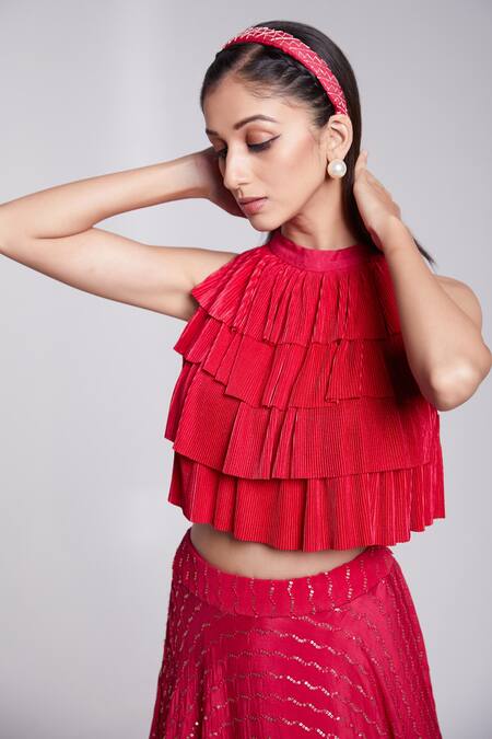 Suruchi Parakh Pink Crepe Ruffles, Sequins High Neck Stripe Pattern Lehenga With Blouse Online at Aza Fashions Suruchi Parakh_Pink Crepe Ruffles, Sequins High Neck Stripe Pattern Lehenga With Blouse _Online_at_Aza_Fashions