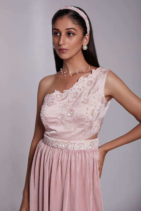 Buy_Suruchi Parakh_Pink Crepe, Satin Embroidery Asymmetric Floral One Shoulder Top And Pant Set _Online_at_Aza_Fashions