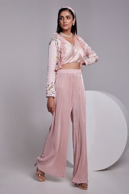 Suruchi Parakh_Pink Crepe, Satin, Silk Embroidery V-neck Ruffle Short Jacket And Pant Set _Online_at_Aza_Fashions