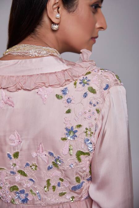 Shop_Suruchi Parakh_Pink Crepe, Satin, Silk Embroidery V-neck Ruffle Short Jacket And Pant Set _Online_at_Aza_Fashions