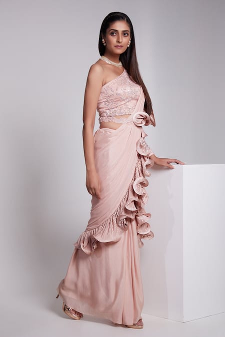 Suruchi Parakh_Pink Crepe, Net Embroidery Pre-draped Ruffle Saree With One Shoulder Blouse _Online_at_Aza_Fashions