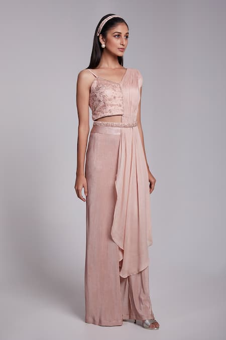 Suruchi Parakh_Pink Crepe, Satin, Silk Embroidery Asymmetric Draped Crop Top And Pant Set _Online_at_Aza_Fashions