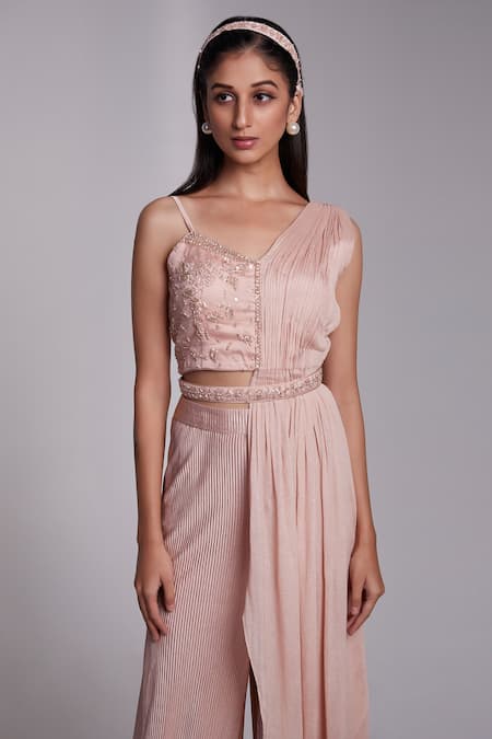Buy_Suruchi Parakh_Pink Crepe, Satin, Silk Embroidery Asymmetric Draped Crop Top And Pant Set _Online_at_Aza_Fashions