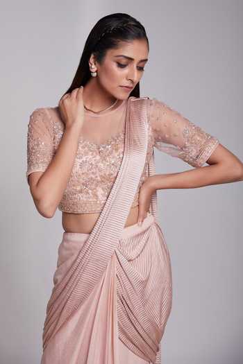 Buy_Suruchi Parakh_Pink Crepe, Satin Embroidery Crew Neck Pre-draped Saree With Handcrafted Blouse _Online_at_Aza_Fashions