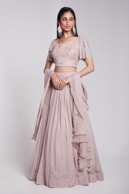 Suruchi Parakh_Pink Crepe Sequins, Cut Work Square Neck Embellished Lehenga Set _Online_at_Aza_Fashions