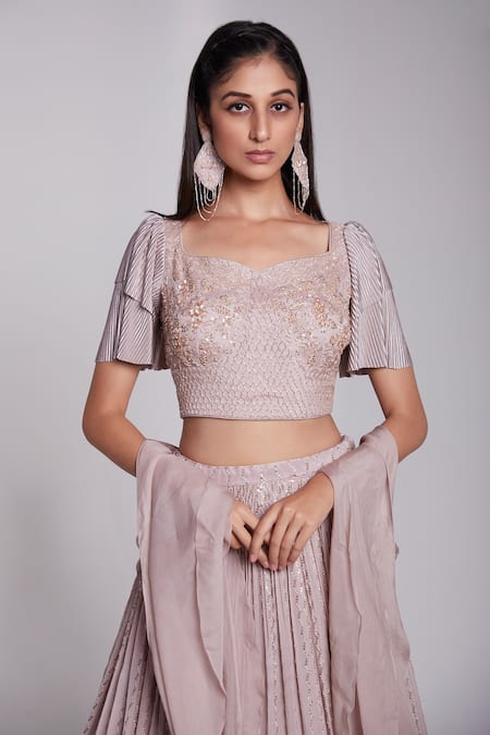 Buy_Suruchi Parakh_Pink Crepe Sequins, Cut Work Square Neck Embellished Lehenga Set _Online_at_Aza_Fashions