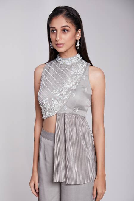 Buy_Suruchi Parakh_Grey Crepe, Silk Embroidery, Sequins, Cut Work Asymmetric Peplum Top And Pant _Online_at_Aza_Fashions