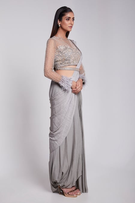 Suruchi Parakh_Gray Crepe, Silk Sequins, Cut Work Round Embroidered Grey Pre-draped Saree Set _Online_at_Aza_Fashions