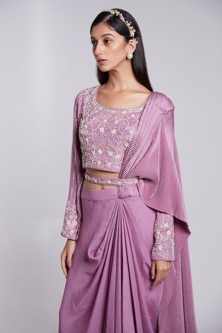 Shop_Suruchi Parakh_Purple Crepe Embroidery Scoop Neck Pre-draped Skirt Saree Set _Online_at_Aza_Fashions