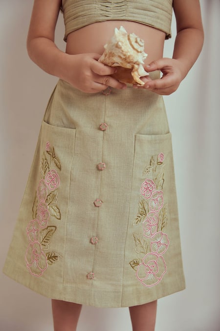 Buy_The Right Cut_Green Linen, Cotton Embroidery Meryn Crop Top And Skirt Set _Online_at_Aza_Fashions