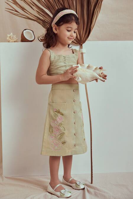 Shop_The Right Cut_Green Linen, Cotton Embroidery Meryn Crop Top And Skirt Set _Online_at_Aza_Fashions