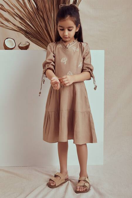 The Right Cut_Beige Linen Tassels Scylla V Neck Gathered Dress_Online_at_Aza_Fashions