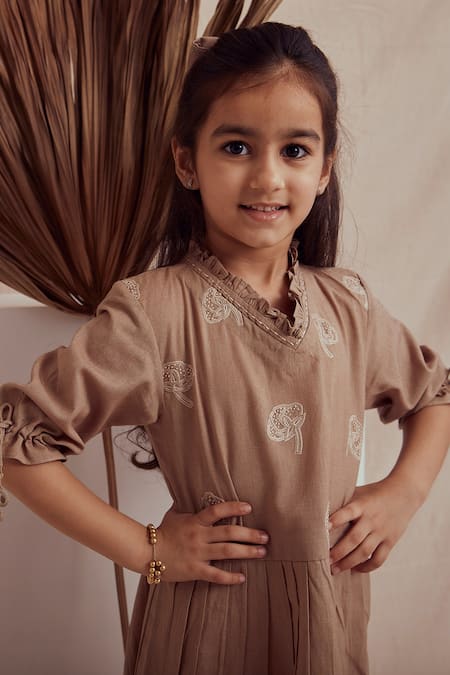 Shop_The Right Cut_Beige Linen Tassels Scylla V Neck Gathered Dress_Online_at_Aza_Fashions