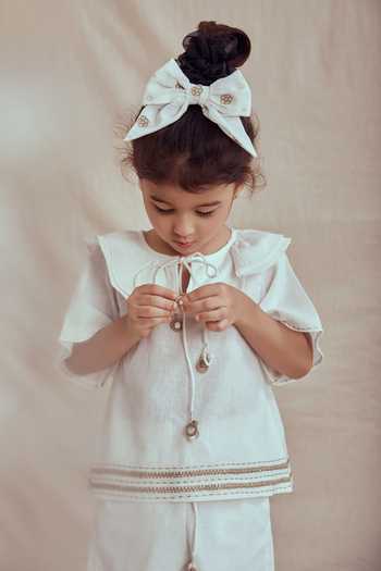 The Right Cut_White Linen, Cotton Embroidery Miyoko Ruffle Layer Top And Shorts Set_Online_at_Aza_Fashions