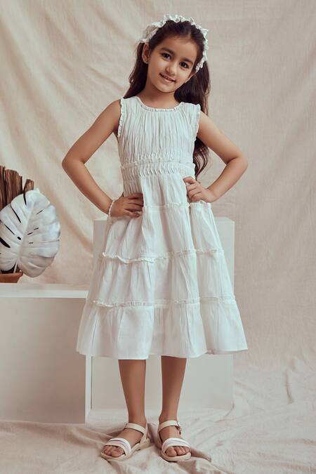 The Right Cut_White Linen, Cotton Coraline Tiered Dress_Online_at_Aza_Fashions