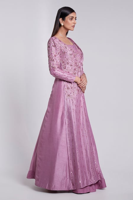 Suruchi Parakh_Purple Crepe Sequins Square Neck Pre-draped Lehenga Saree Set _Online_at_Aza_Fashions