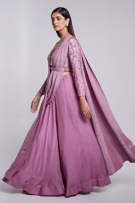 Buy_Suruchi Parakh_Purple Crepe Sequins Square Neck Pre-draped Lehenga Saree Set _Online_at_Aza_Fashions